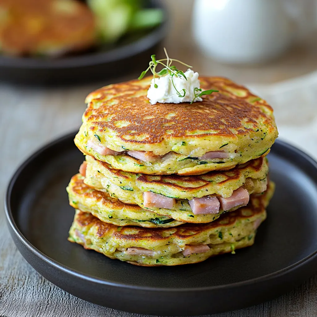 Préparez des pancakes garnis de courgette, chèvre et jambon