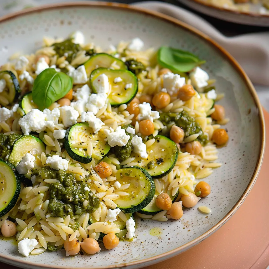 Orzo avec courgettes, pesto et feta crémeuse