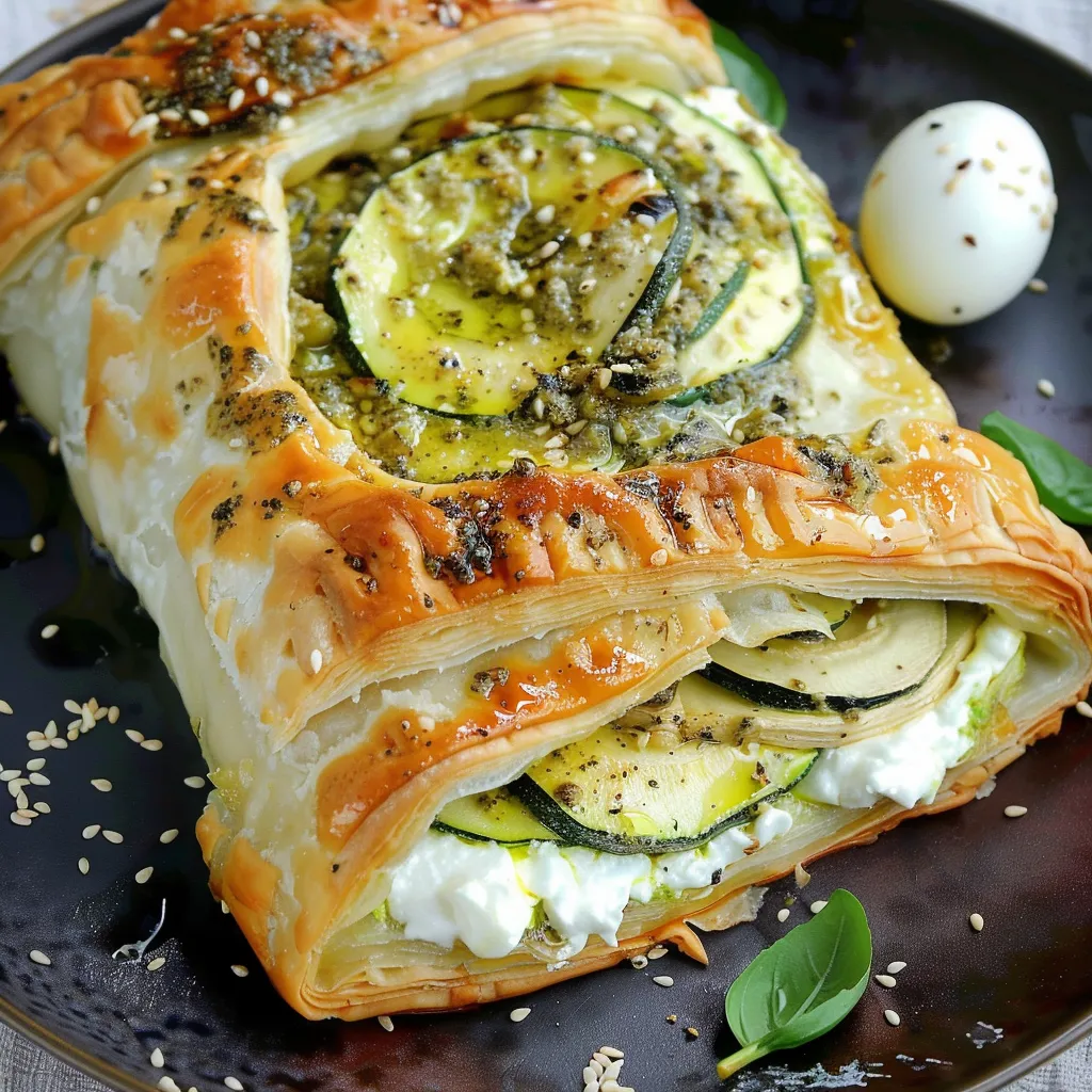 Feuilleté aux courgettes, pesto et burrata