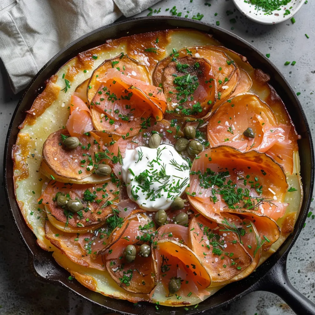 Galette de pommes croustillantes, saumon fumé et crème fraîche