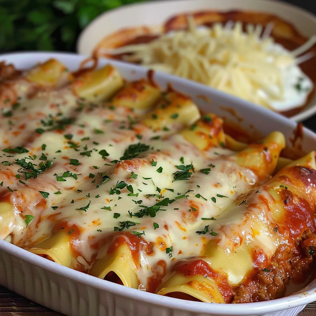 Cannellonis garnis de boeuf et nappés d'une sauce mozzarella crémeuse