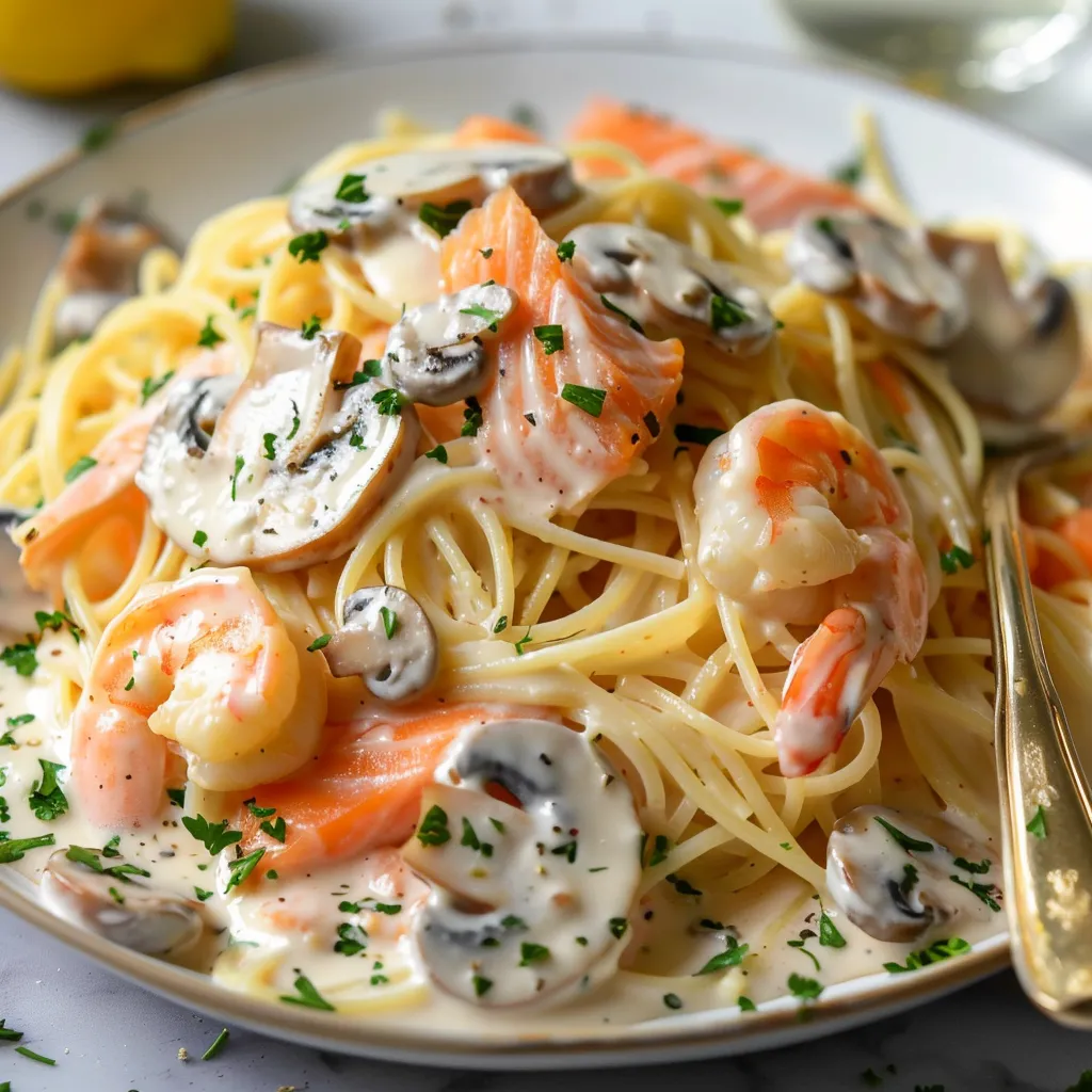 Spaghettis au saumon et crevettes grises avec une touche de citron et persil