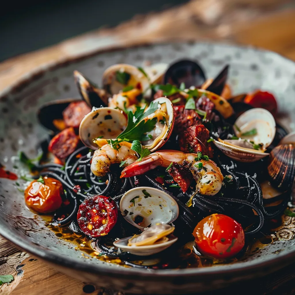 Un plat de pâtes noires avec fruits de mer et chorizo