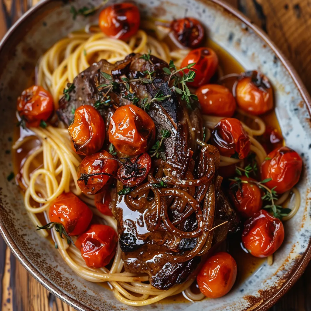 Agneau sucré et spaghettis caramélisés