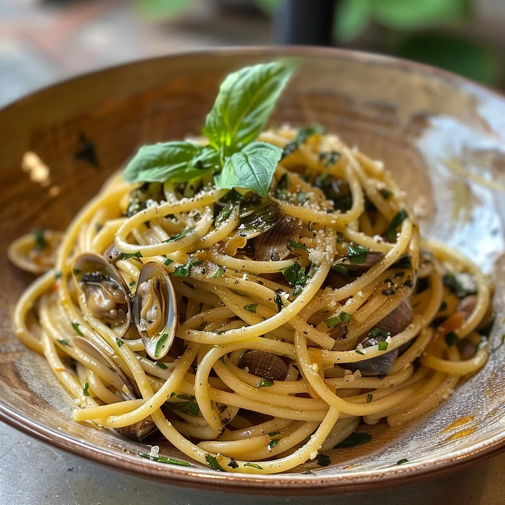 Spaghettis aux tellines et basilic frais