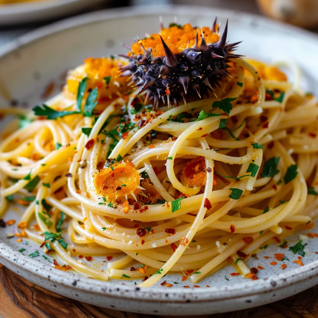 Spaghettis savoureux aux oursins et touches méditerranéennes