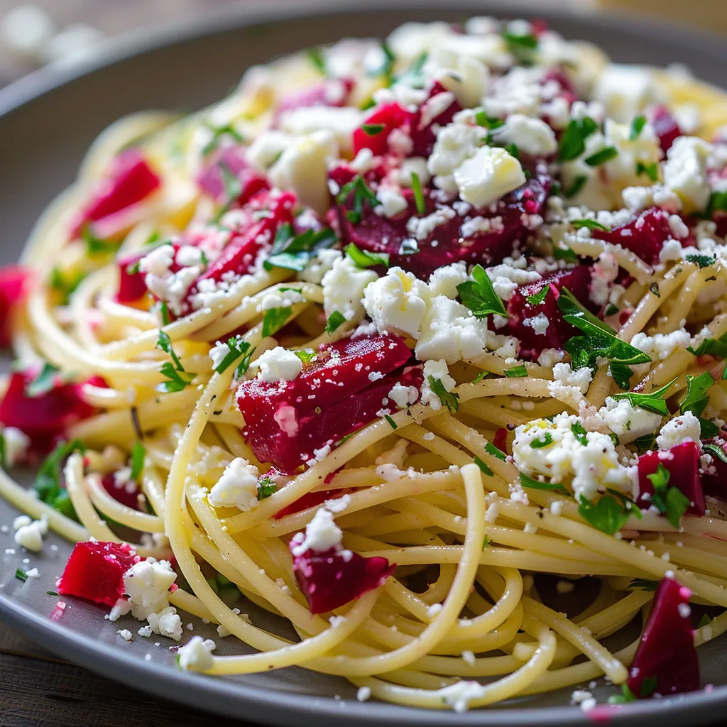 Savoureux spaghettis féta et betterave