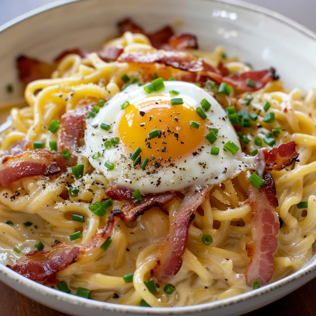 Ramen façon carbonara aux lardons et à la bière