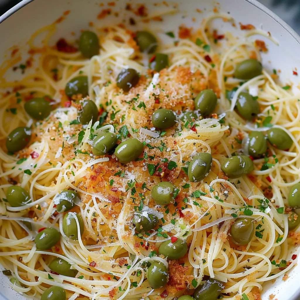 Fins capellini aux olives vertes et chapelure dorée