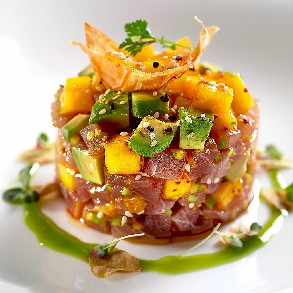 Tartare de thon, mangue et avocat avec éclat de fraîcheur