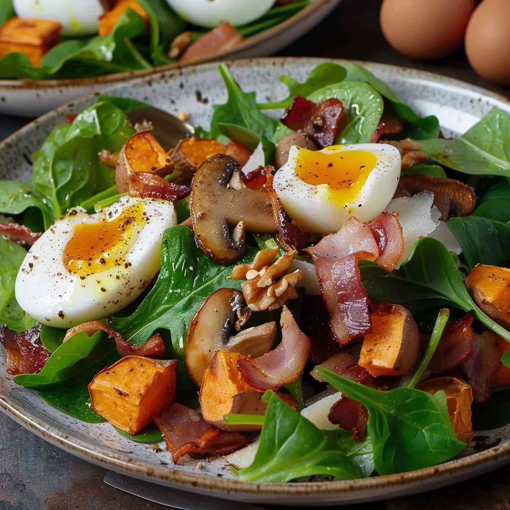 Salade gourmande avec patate douce rôtie, champignons et oeuf mollet