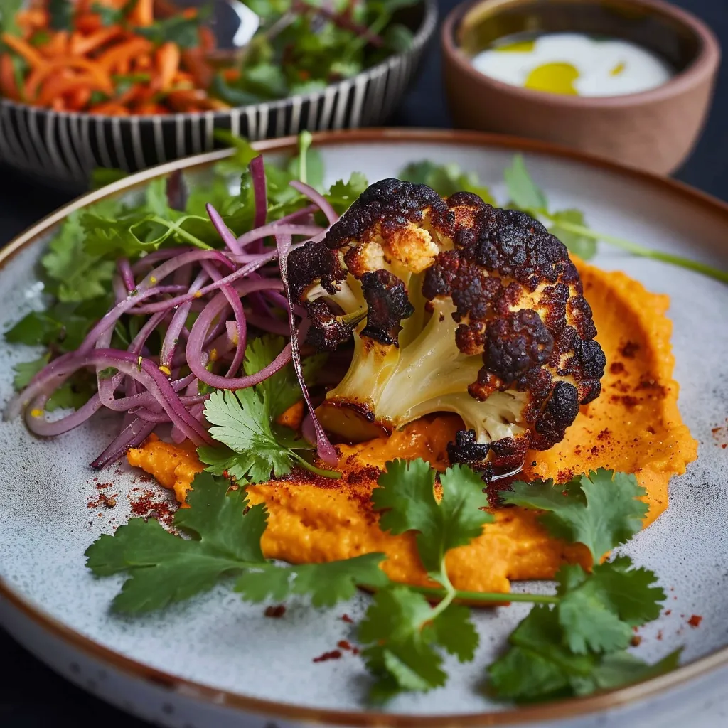 Un plat savoureux de chou-fleur, purée épicée et salade fraîche