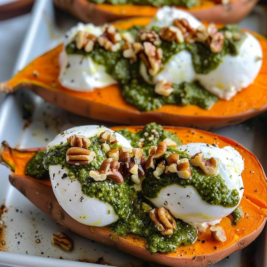 Savourez des patates douces garnies de burrata, noix grillées et pesto parfumé à la sauge