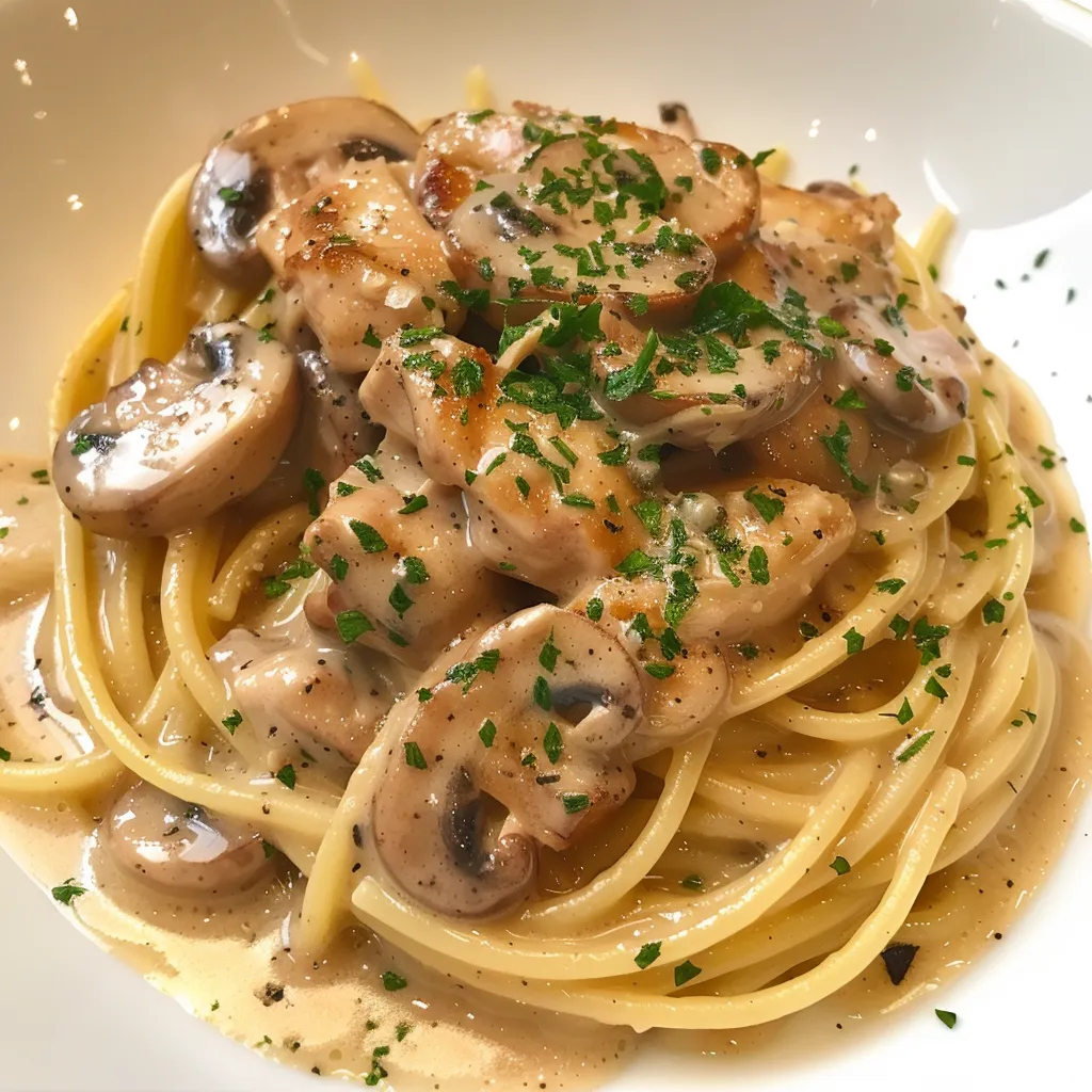 Pâtes onctueuses aux champignons et poulet
