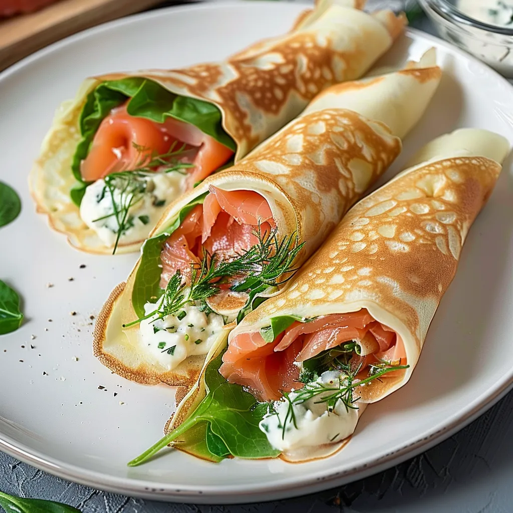 Délicieuses galettes bretonnes enroulées avec saumon fumé