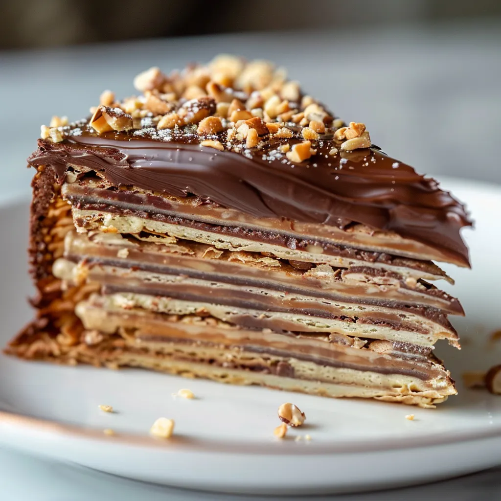 Gâteau de crêpes superposées chocolat-noisettes, délicieux dessert