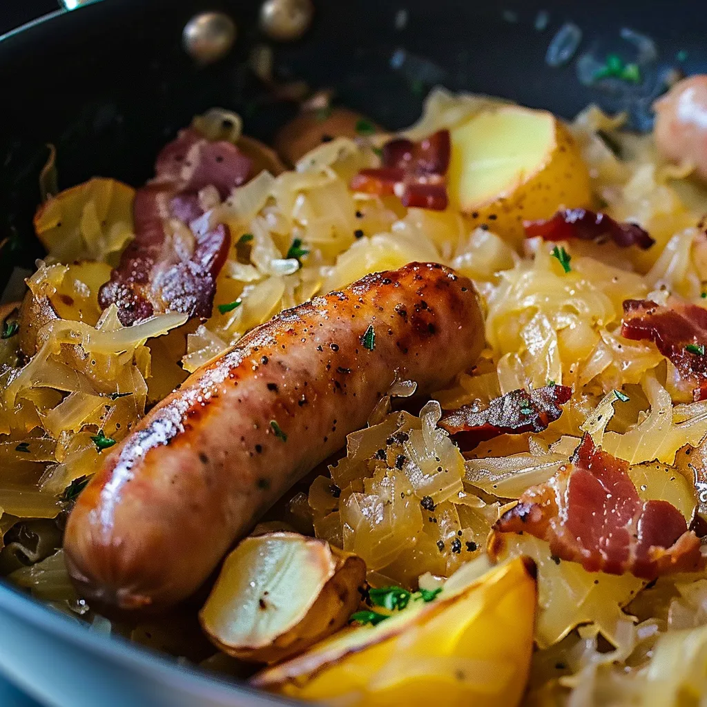 Choucroute et bratwurst aux pommes caramélisées avec lard