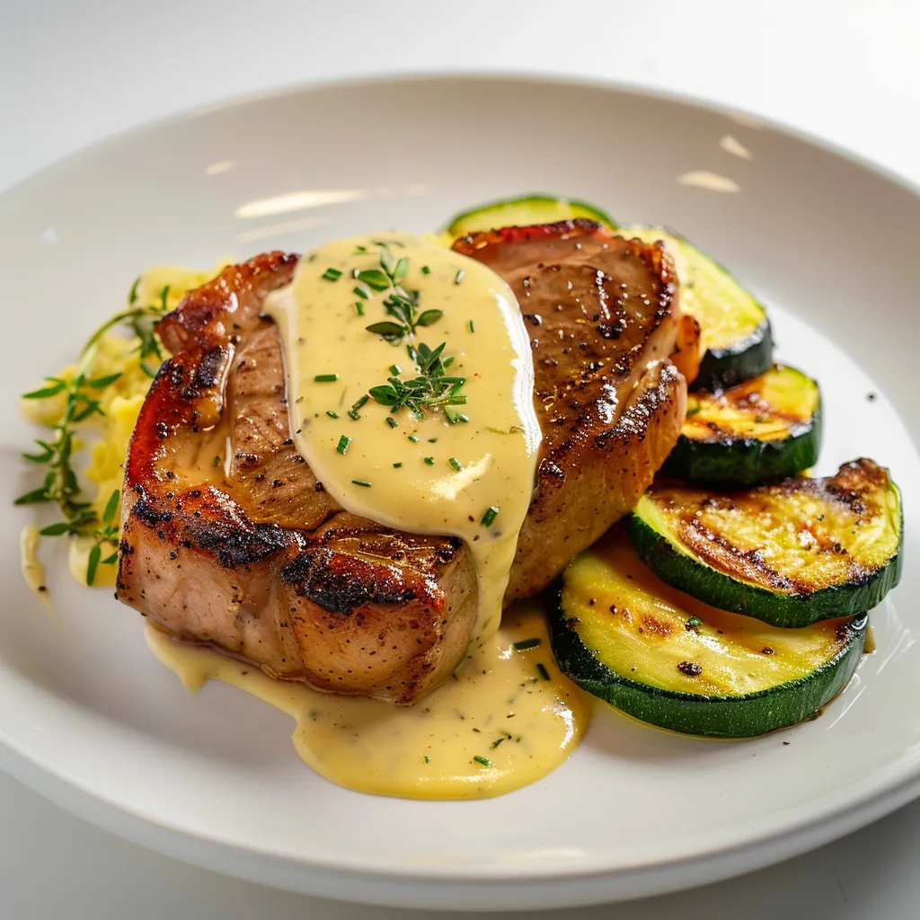 Côtelettes de porc avec sauce béarnaise et courgettes sautées