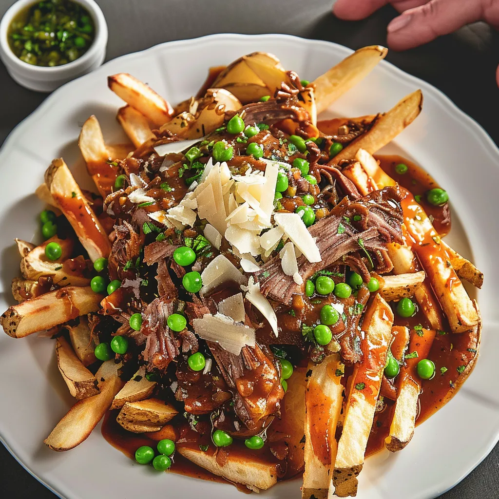 Poutine au porc braisé et sauce au vin rouge