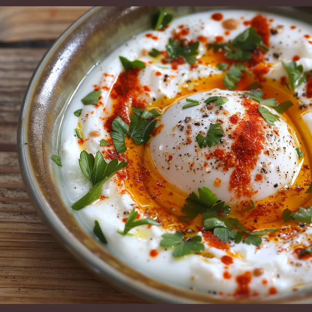 Délicieux oeufs à la turque servis avec épices et yaourt grec