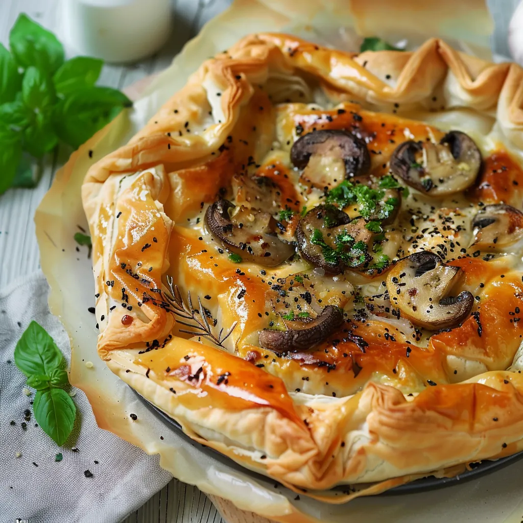 Tarte filo aux champignons et raclette fondante