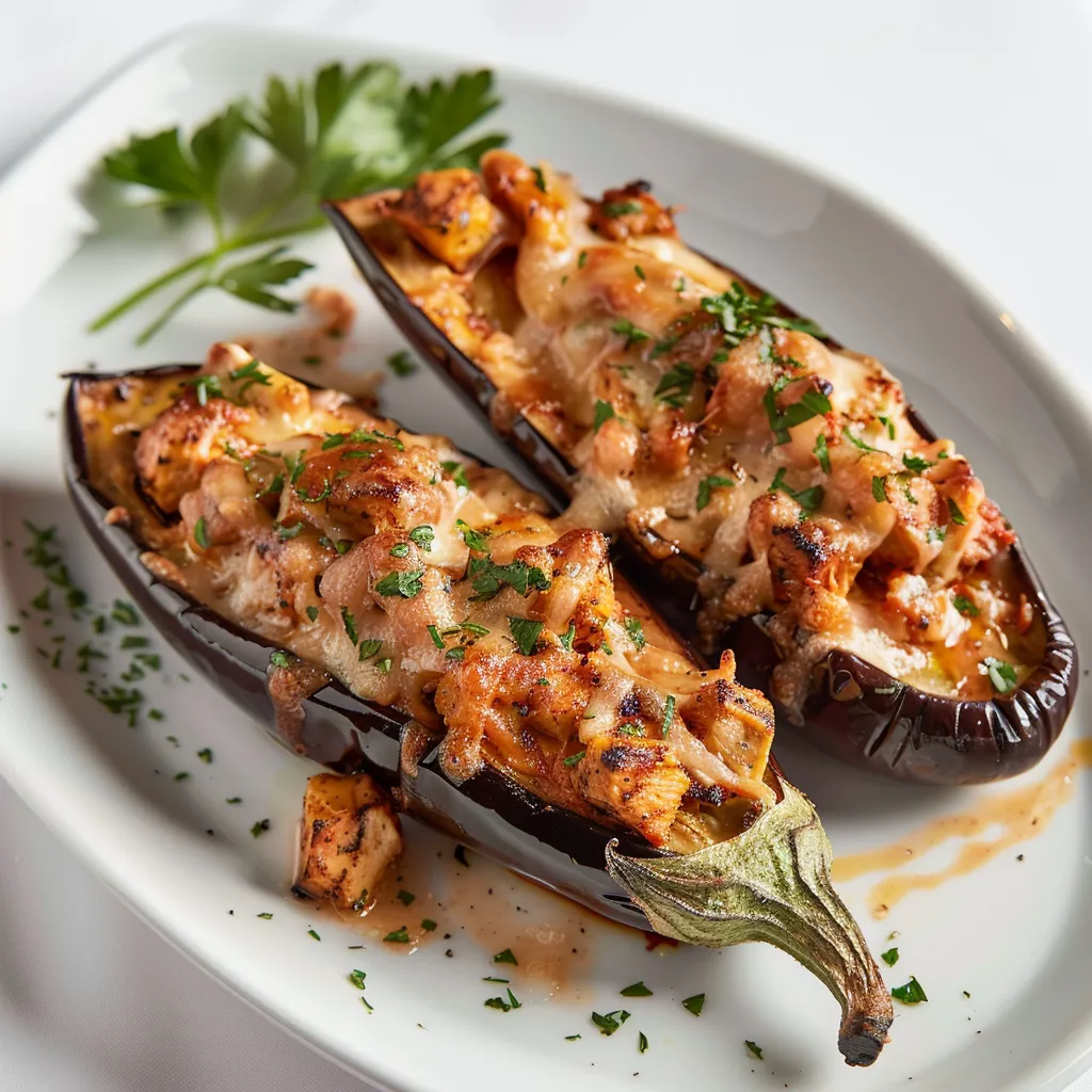 Poulet et aubergine farcie