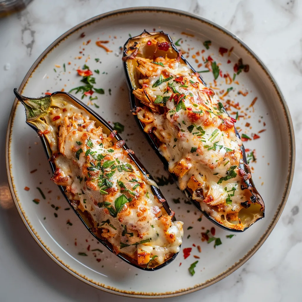 Aubergine farcie au poulet gratinée au four