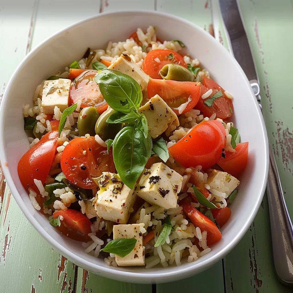 Savoureuse salade de riz au tofu et tomates