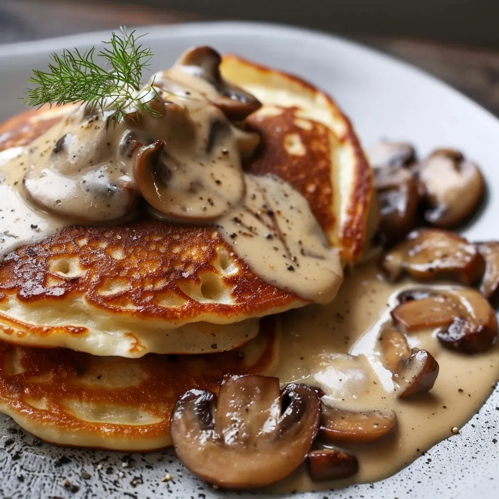 Délicieux pancakes nappés de sauce crémeuse aux champignons