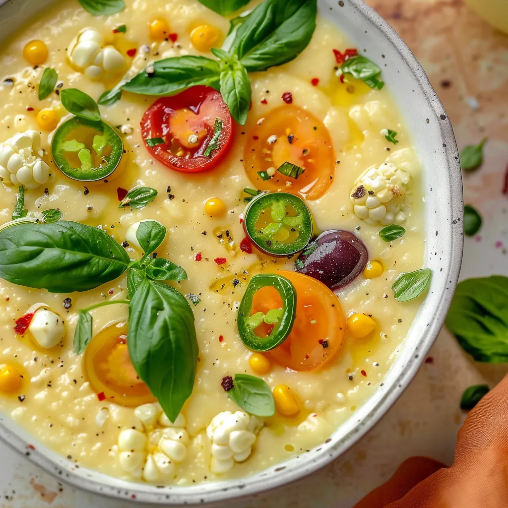 Soupe froide estivale au maïs doux et légumes frais
