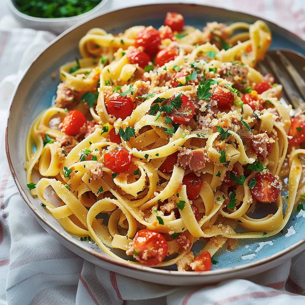 Fettuccines aux anchois, thon et tomates cerises