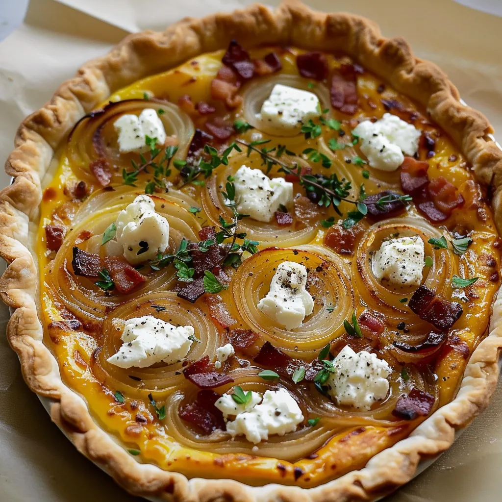 Tarte aux oignons, chèvre et miel dorée et appétissante