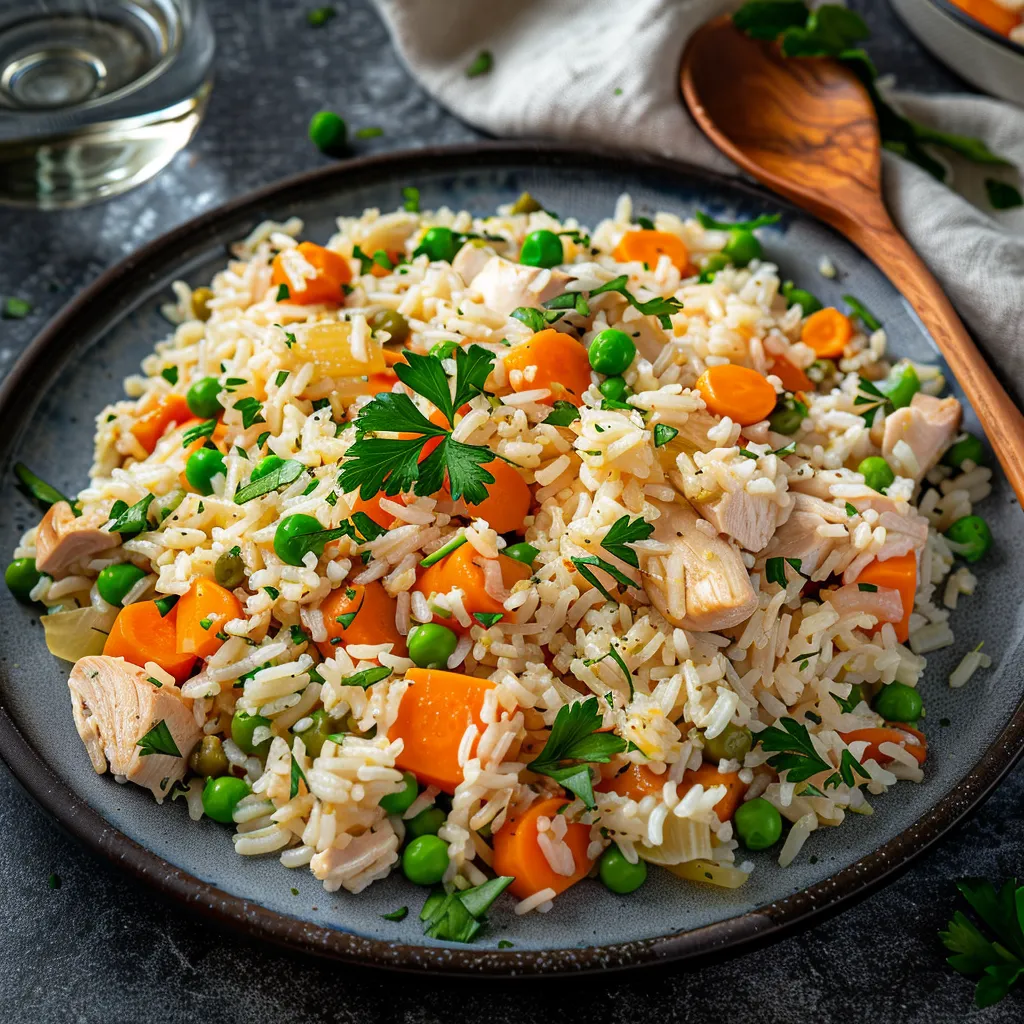 Délicieux riz pilaf au poulet et petits légumes