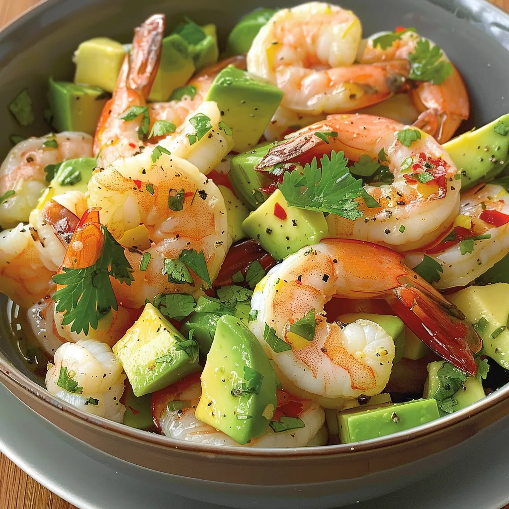 Délicieuse salade avocat et gambas marinées