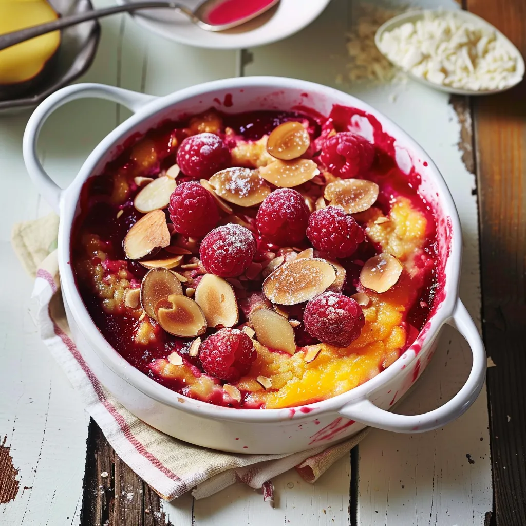 Dessert moelleux aux fruits rouges et mangue avec amandes dorées