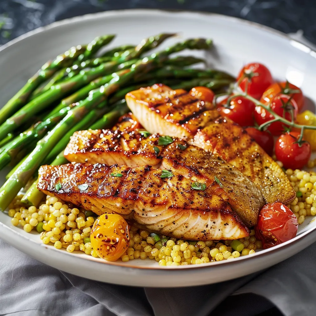 Truite grillée sur lit de boulgour aux légumes