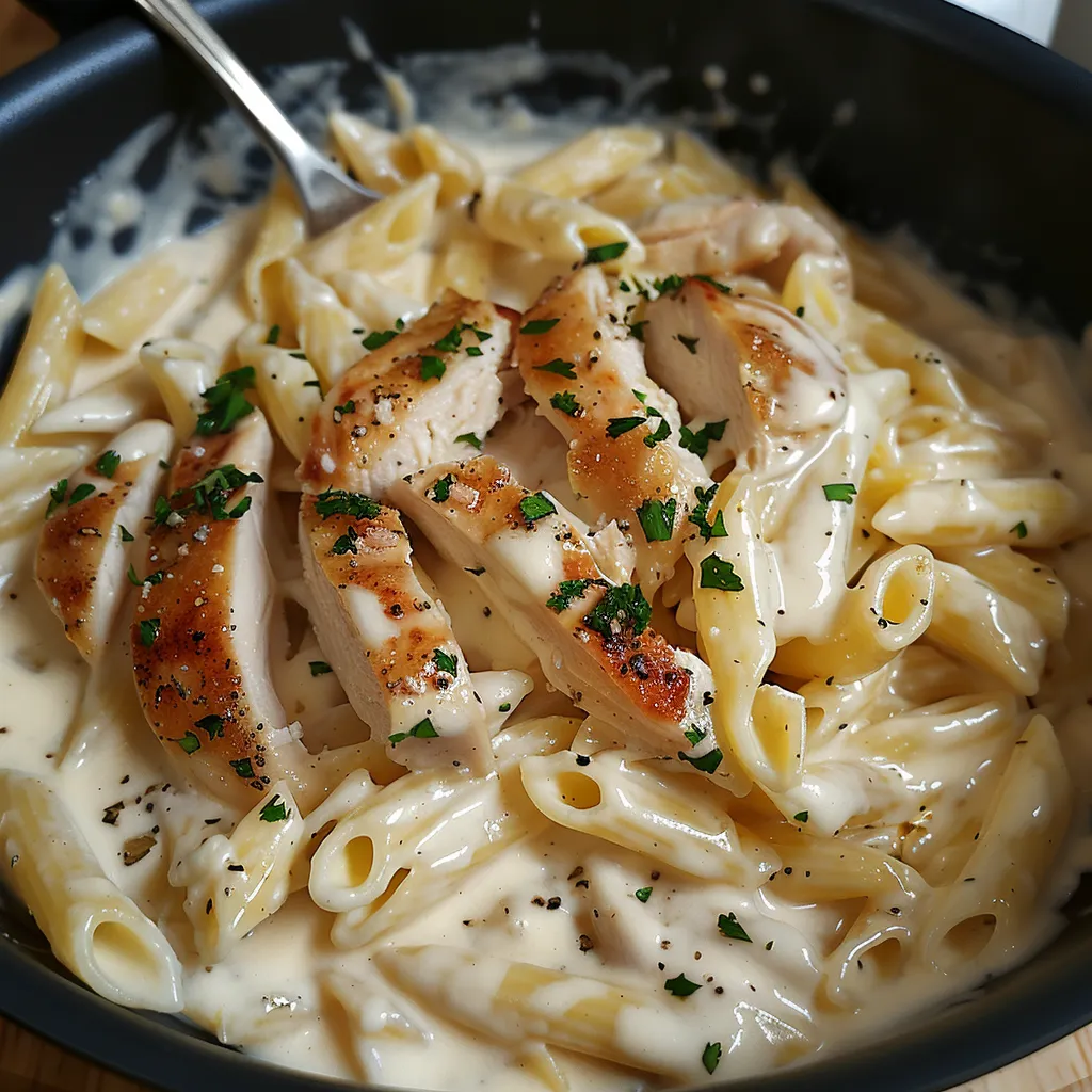 Goûtez ces succulentes pâtes au poulet nappées d'une sauce Alfredo veloutée