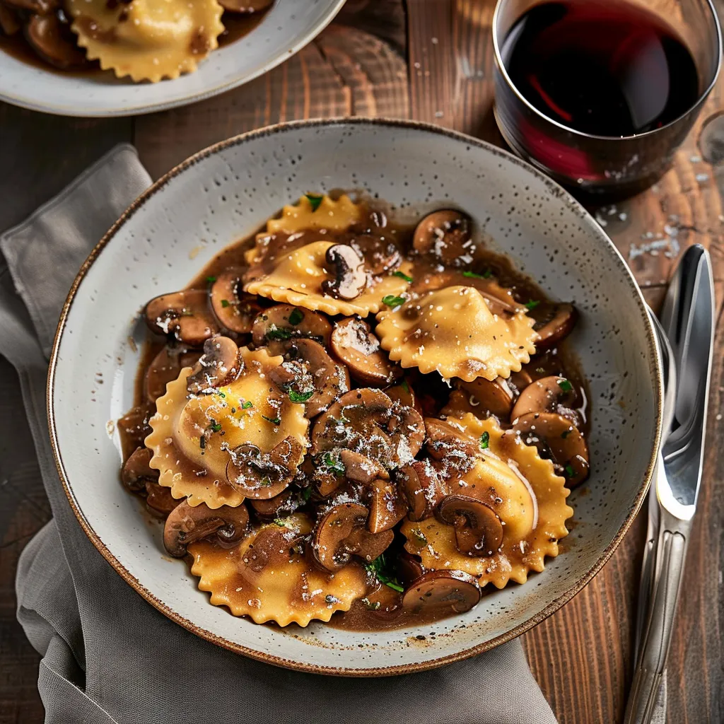 Délicieux raviolis au bœuf sauce champignons