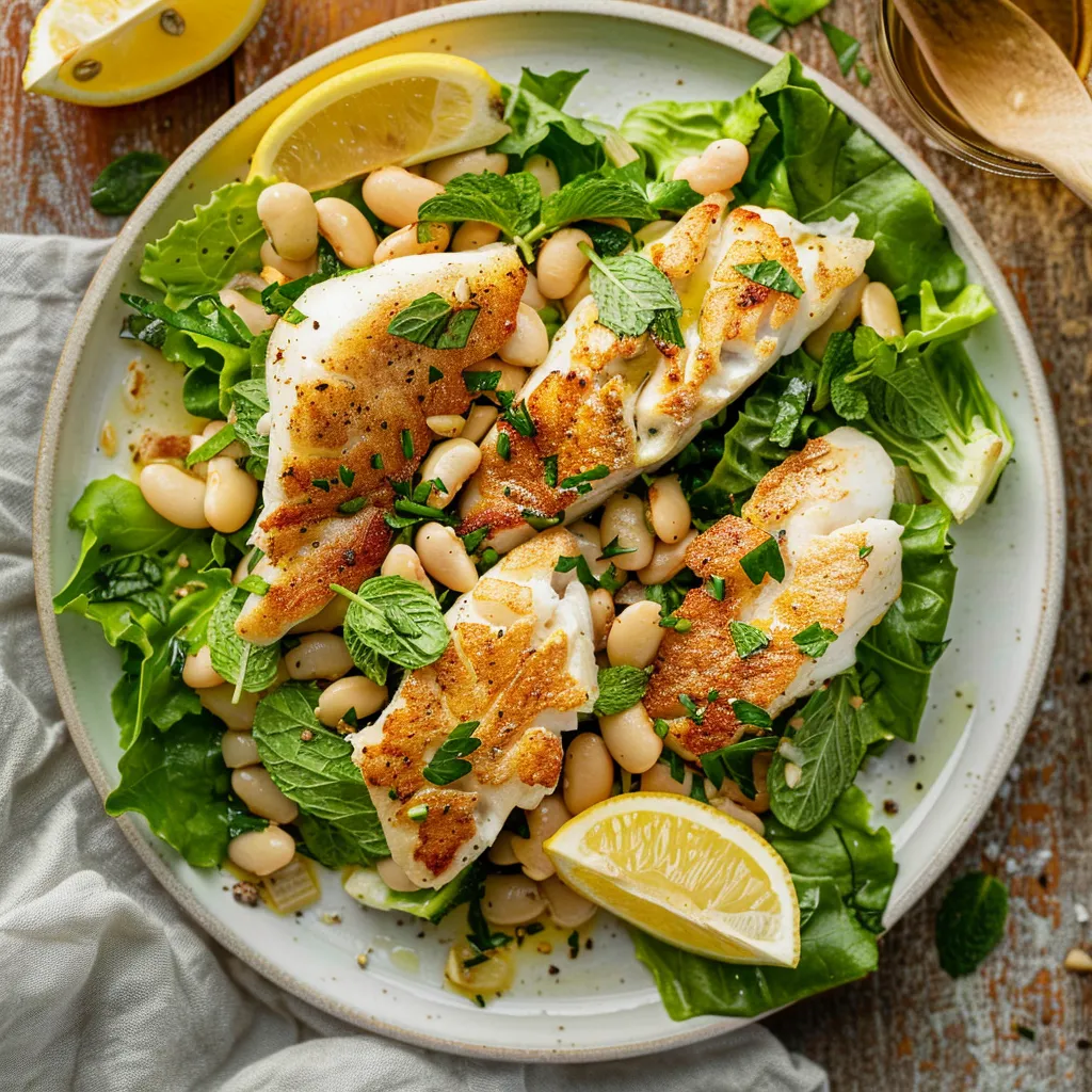 Salade tiède d'aiglefin et haricots blancs à la friteuse