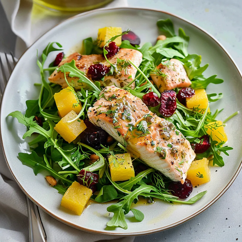 Salade gourmande de roquette avec truite et betteraves dorées
