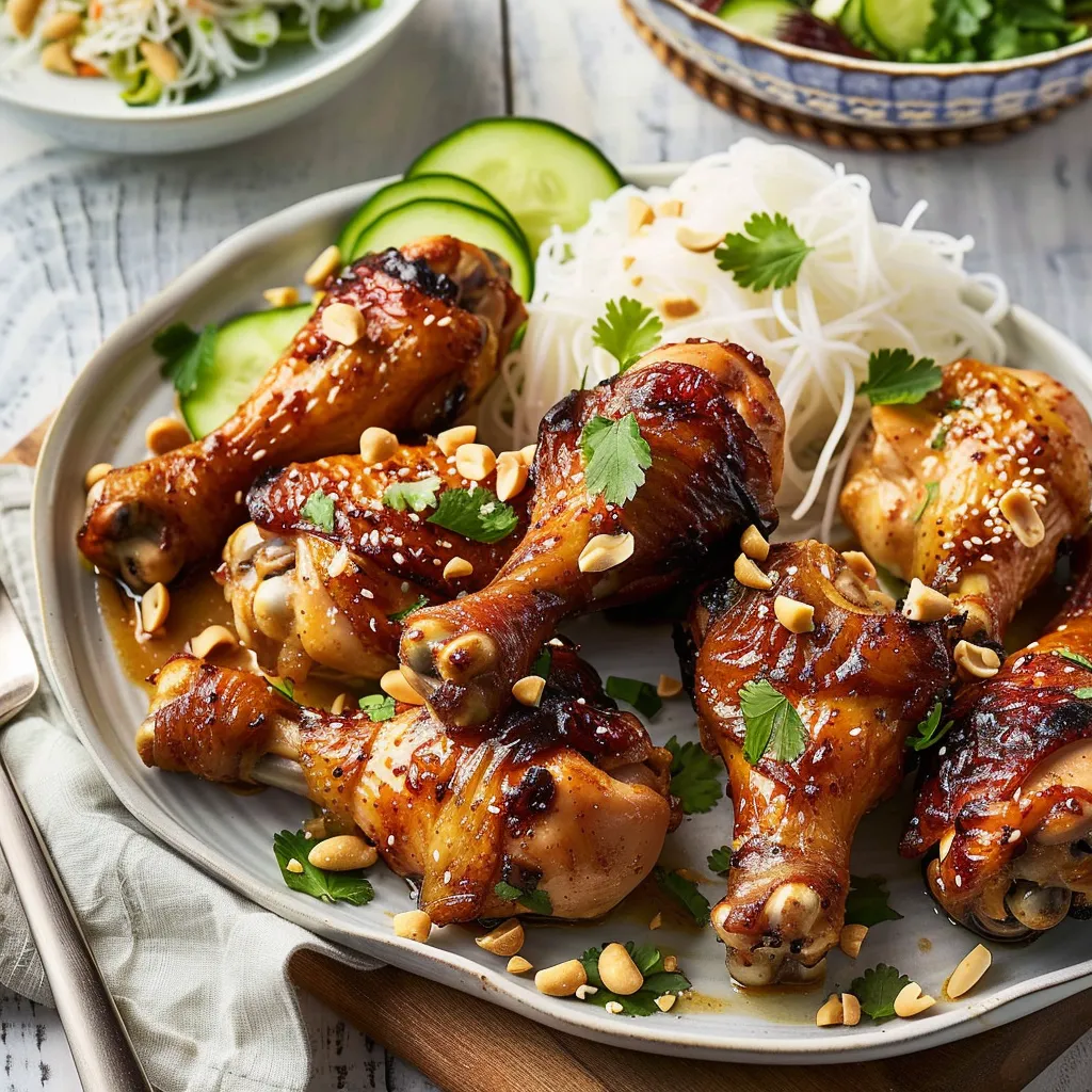 Morceaux de poulet bien dorés avec sauce satay veloutée