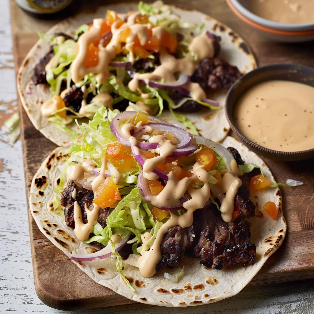 Tortillas garnies de viande, fromage fondu et sauce spéciale