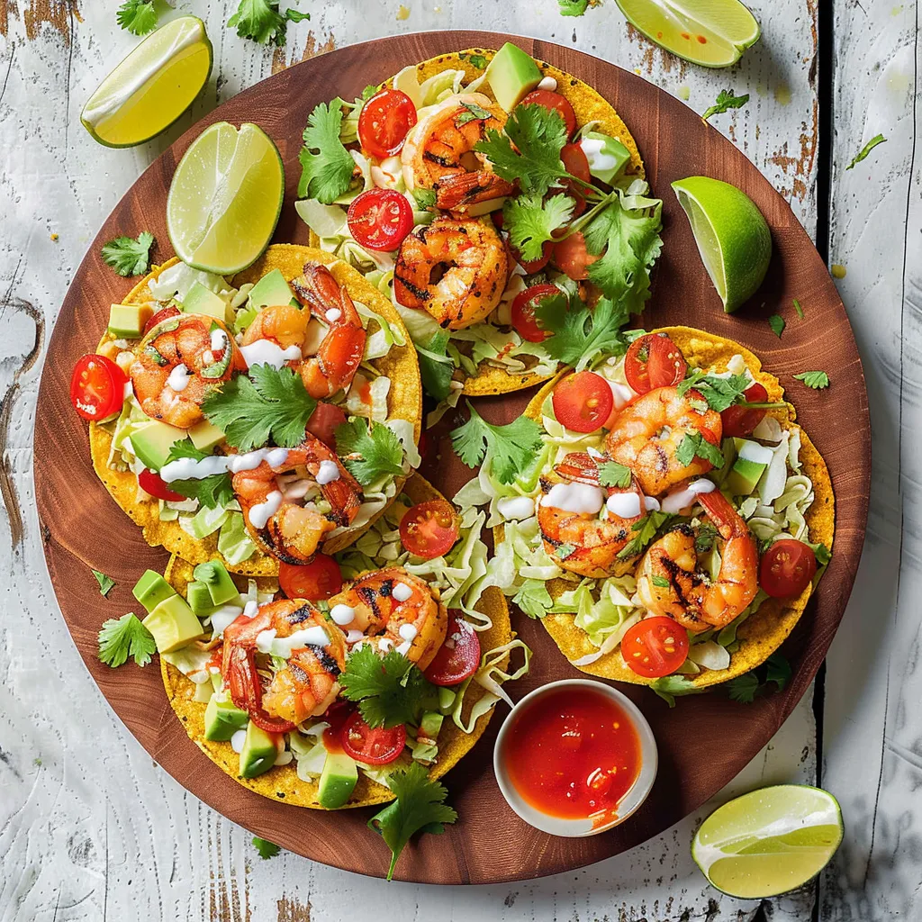Délicieuses tostadas aux crevettes grillées