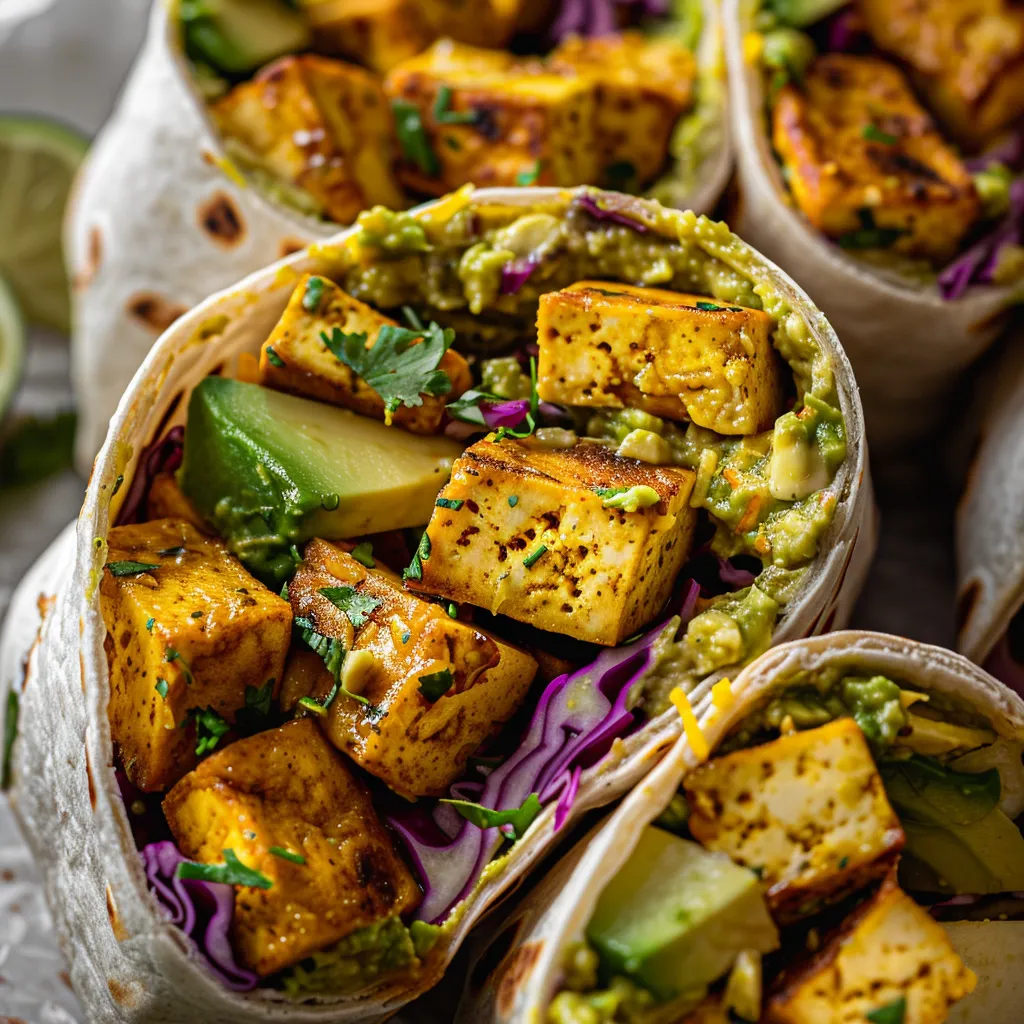 Tortillas au tofu caramélisé avec avocat et salade croquante