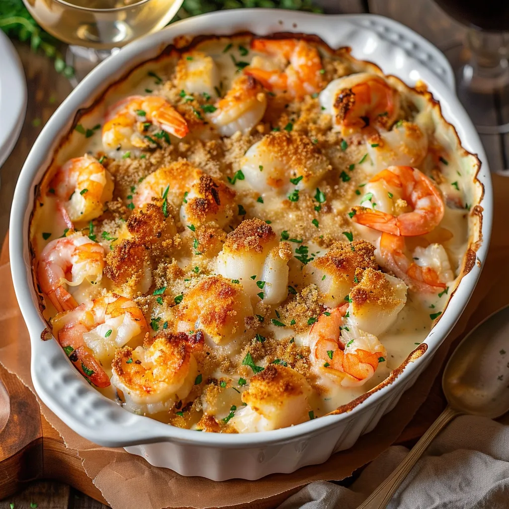 Gratin marin savoureux aux crevettes et morceaux de saumon