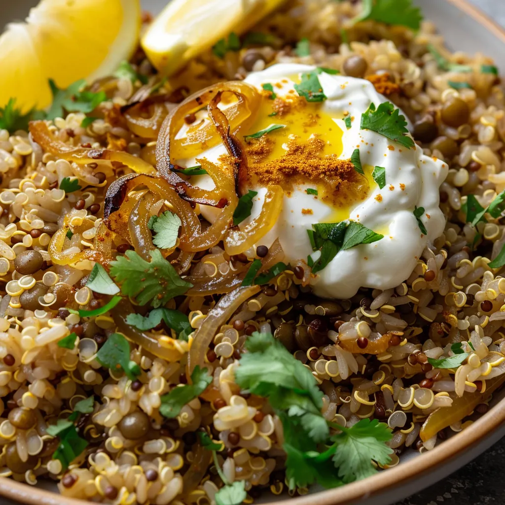 Savoureux mélange de riz complet, lentilles et oignons dorés