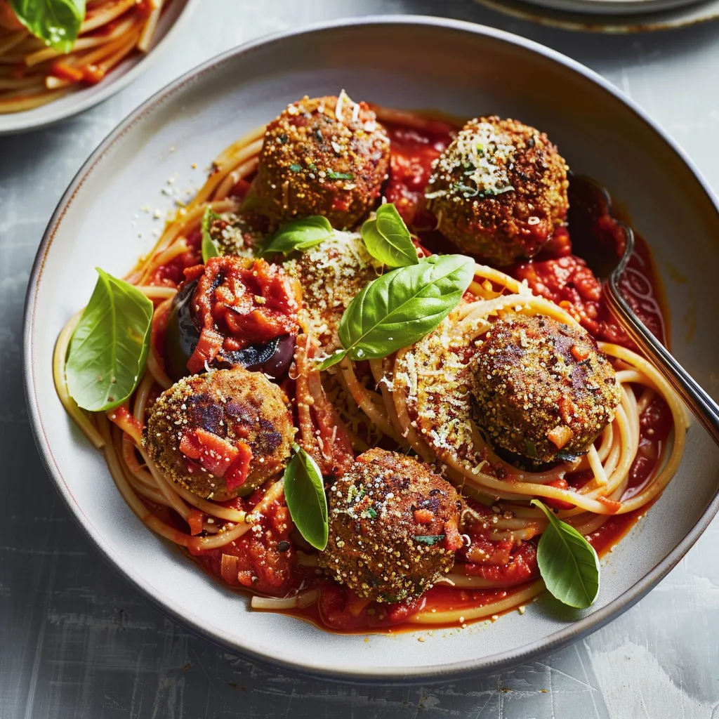 Découvrez les spaghettis aux boulettes d'aubergine et sauce tomate