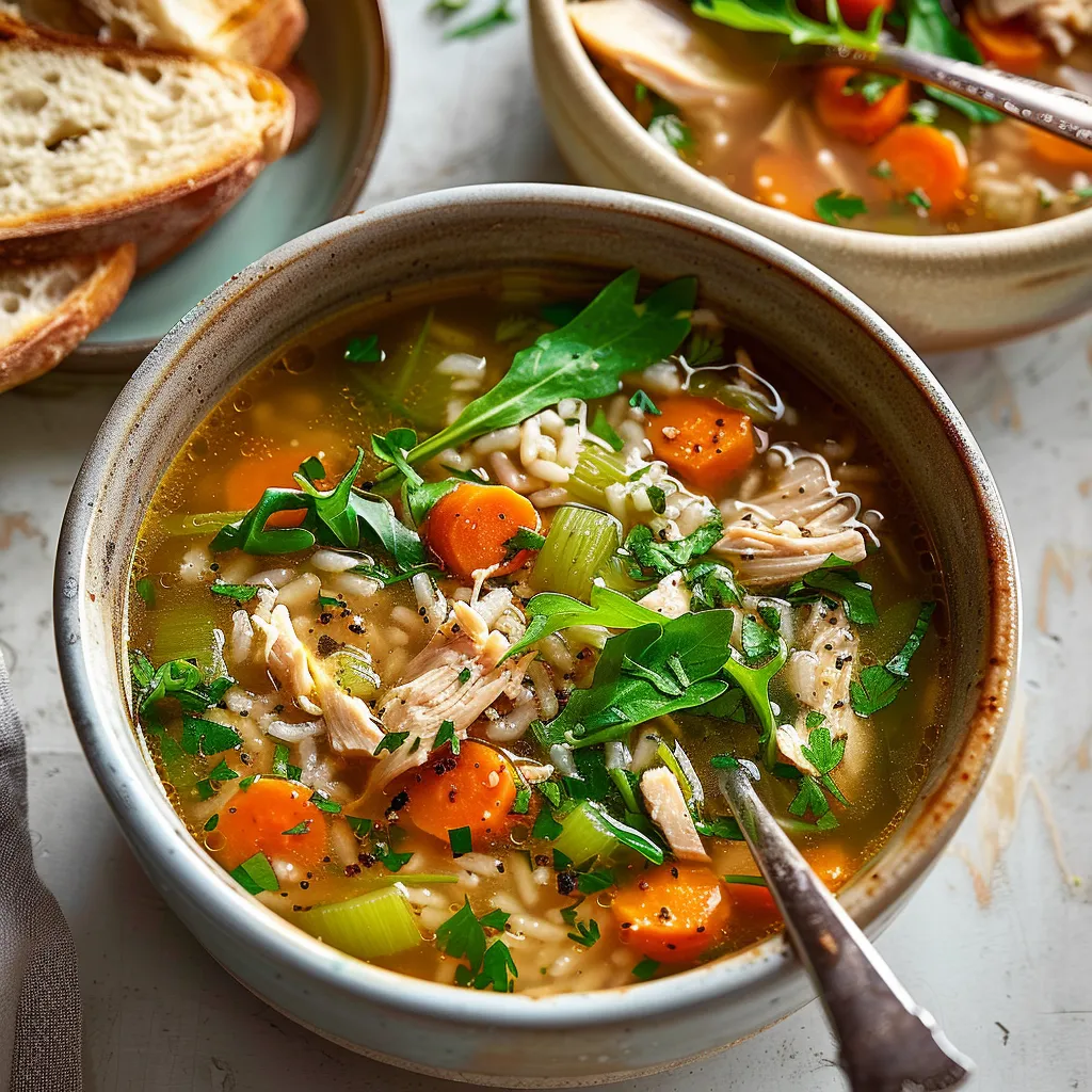 Potage réconfortant au poulet et céréales avec légumes frais