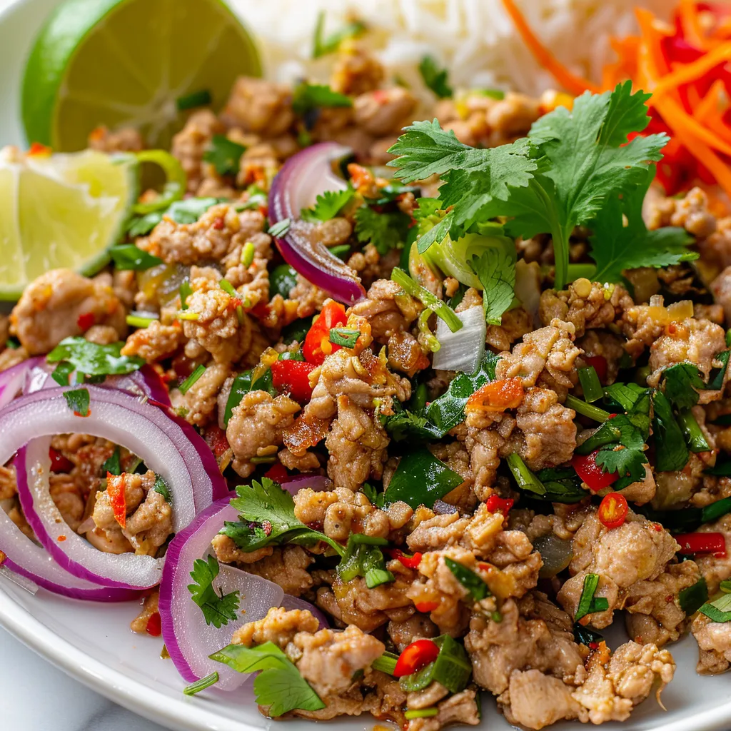 Poulet émietté à la citronnelle, savoureux larb thaï