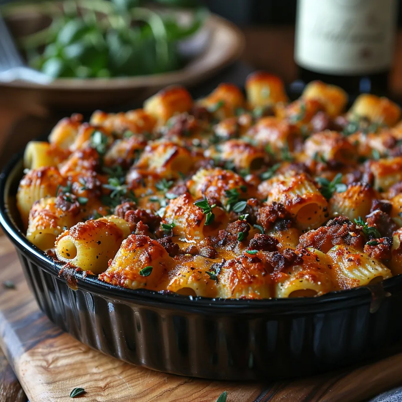 Un délicieux gratin fumant avec des pâtes, du bœuf et du fromage servi à table.